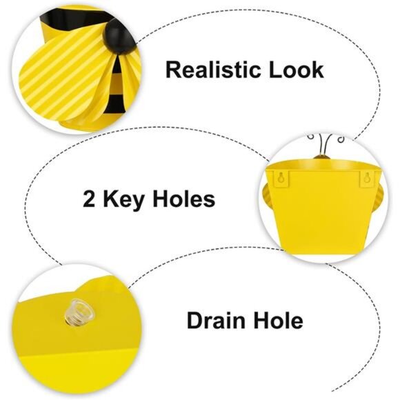 Set of 2 Bee Wall Hanging Planter Decor Art, Metal Wall Mounted Planters - Picture 4 of 8